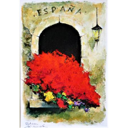 洋画家 石岡剛の描くアクリル画　～窓辺の花スペイン～