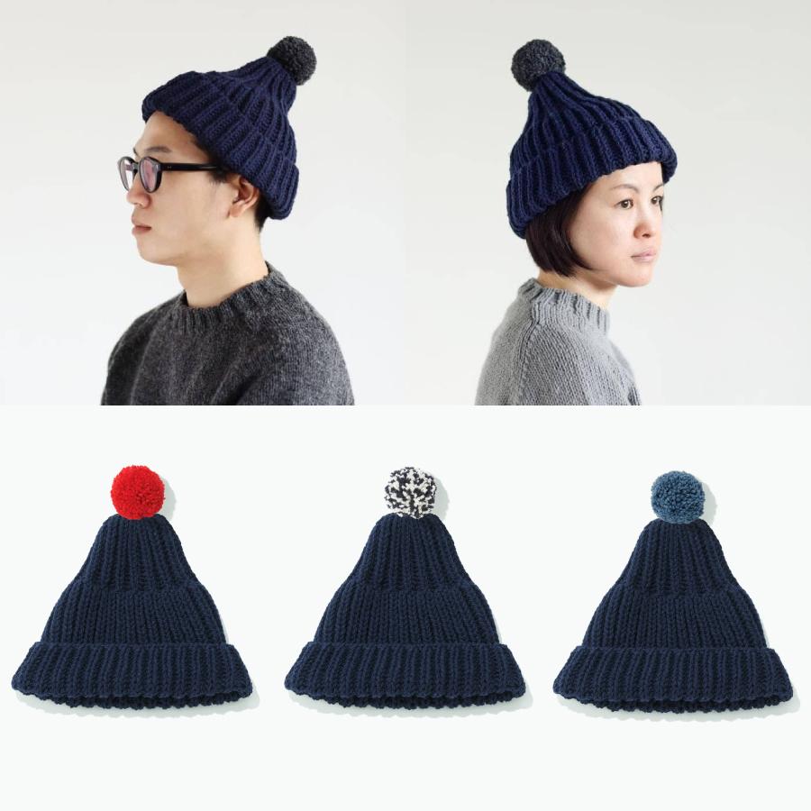 ＜KESENNUMA KNITTING＞ポンポン帽子　ネイビー/ポンポンカラー全4色
