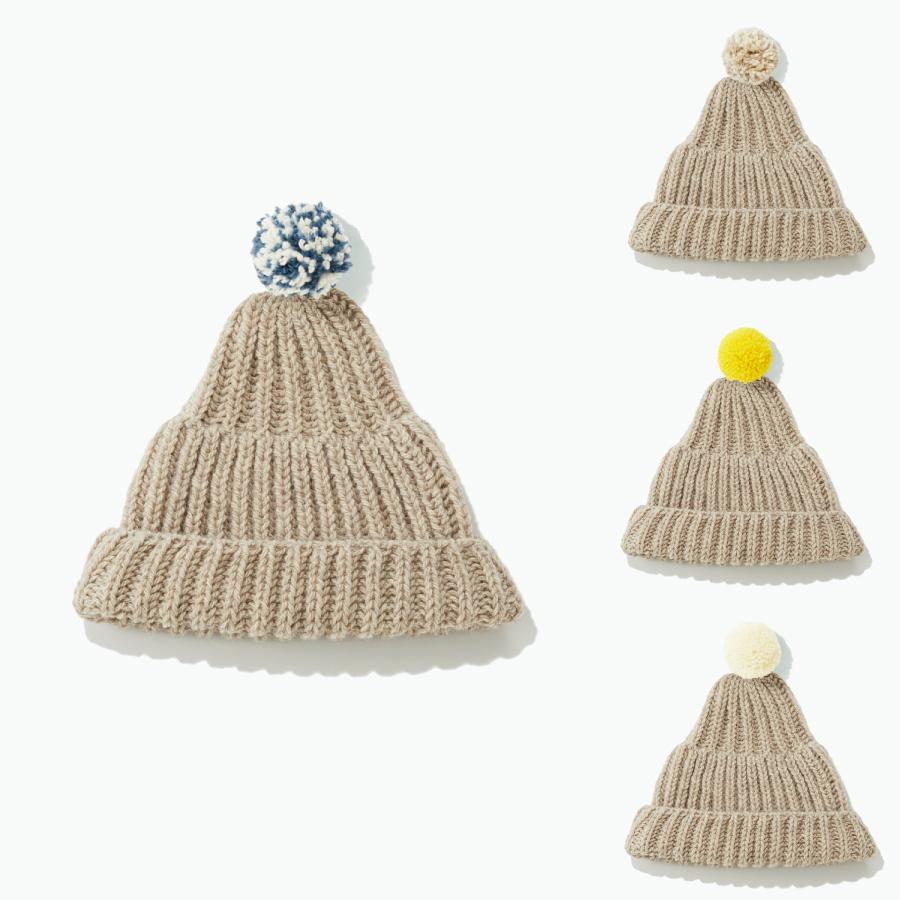<KESENNUMA KNITTING>ポンポン帽子 オートミール/ポンポンカラー全4色