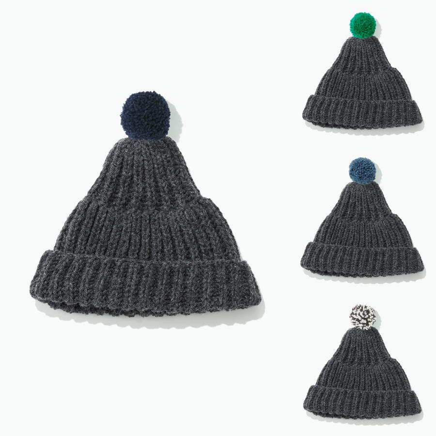 <KESENNUMA KNITTING>ポンポン帽子 チャコールグレー/ポンポンカラー全4色
