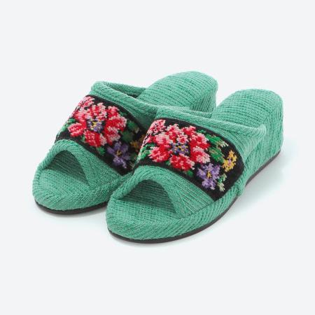 シェニール織りモール　パンタロンスリッパ　外寸約23.5cm・ヒール約4.5cm　グリーン