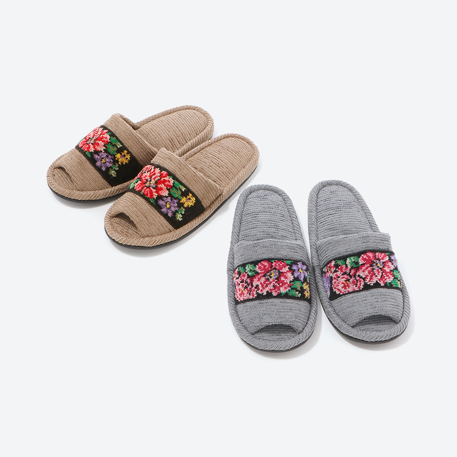 シェニール織りモール　外縫いスリッパ　Mサイズ　ベージュ・グレー2足セット