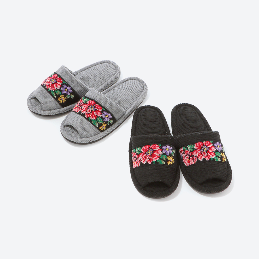 シェニール織りモール 外縫いスリッパ Mサイズ グレー・ブラック2足セット