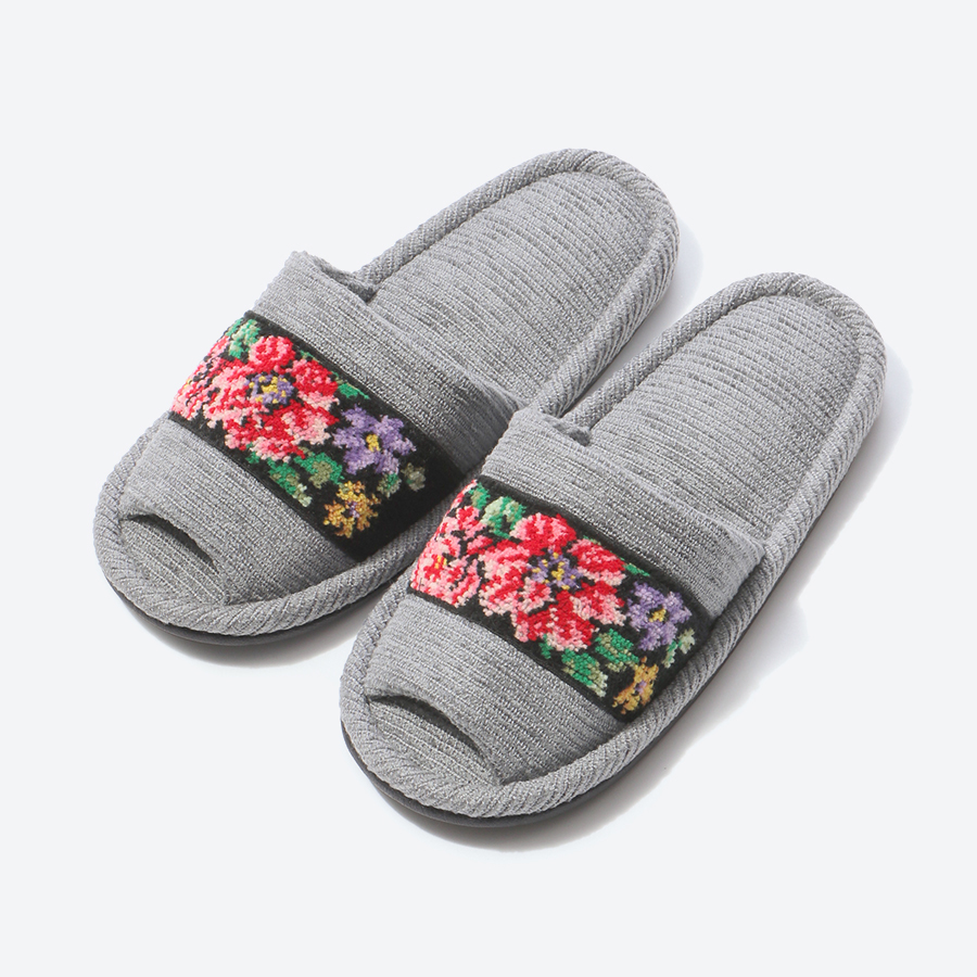 シェニール織りモール 外縫いスリッパ Mサイズ グレー・ブラック2足セット