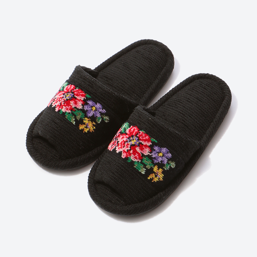 シェニール織りモール 外縫いスリッパ Mサイズ グレー・ブラック2足セット