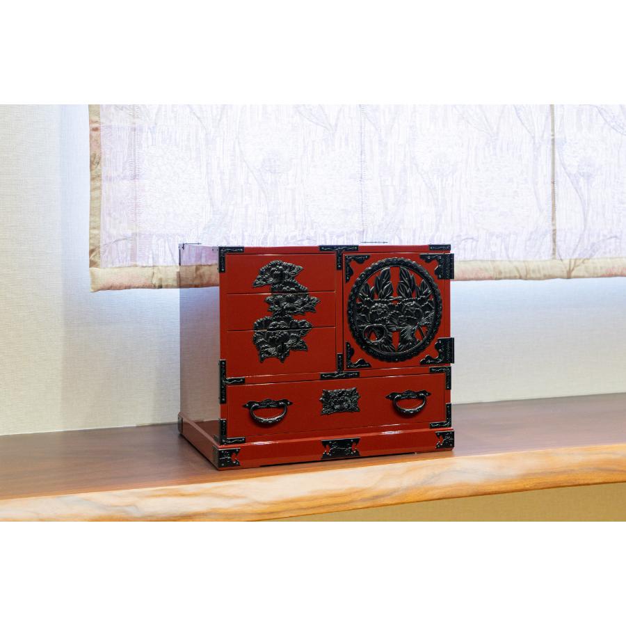 仙台箪笥　片開小箪笥　朱色漆塗り　巾40×奥30×高34cm　9kg×１
