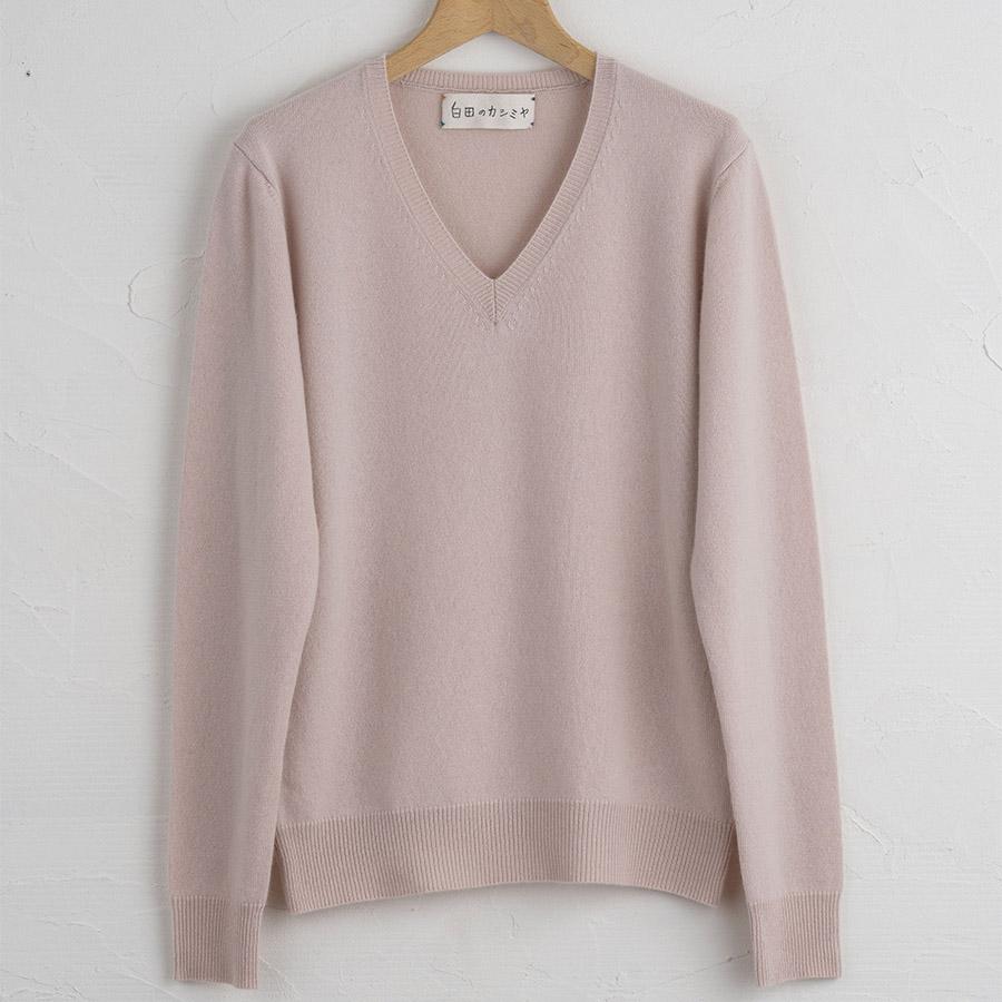 <SHIRATA KNITWORKS/白田のカシミヤ>Vネックプルオーバー ベビーカシミヤ100%【度詰】アイスピンク(紳士LL)