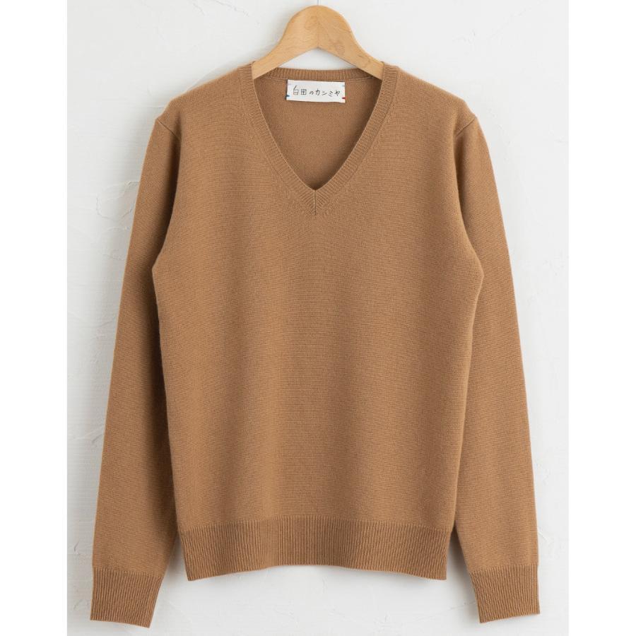 <SHIRATA KNITWORKS/白田のカシミヤ>Vネックプルオーバー ベビーカシミヤ100%【度詰】キャメル(紳士LL)