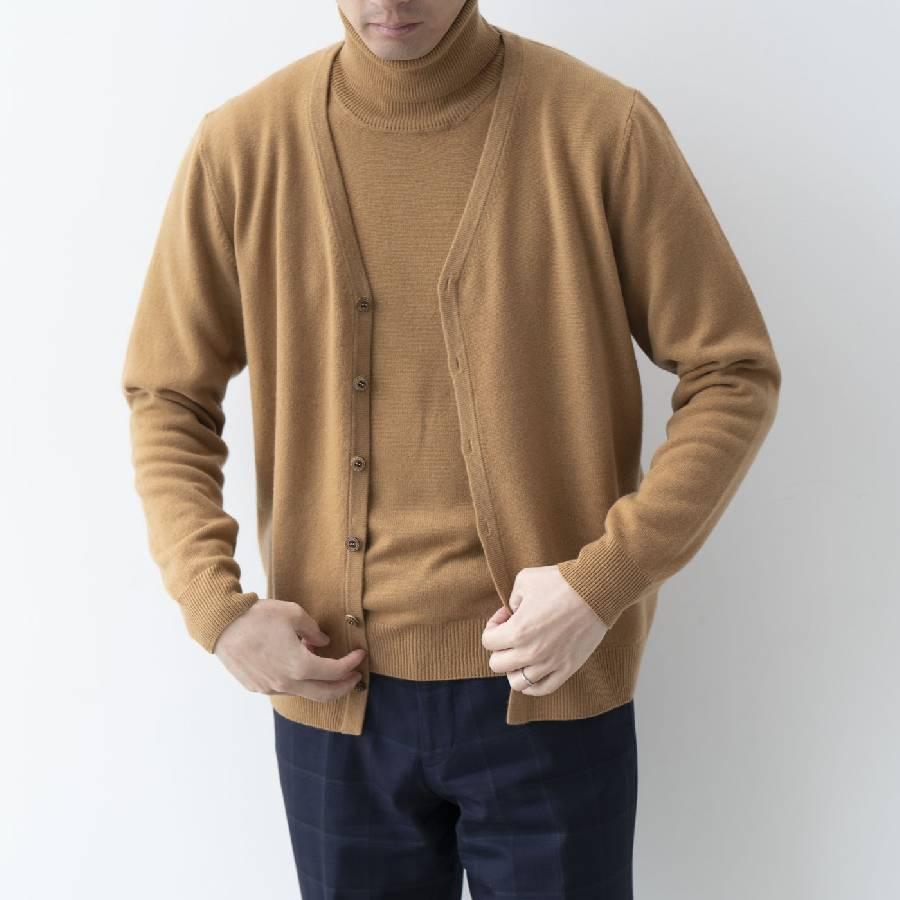 <SHIRATA KNITWORKS/白田のカシミヤ>Vネックカーディガン ベビーカシミヤ100%【度詰】キャメル(紳士M・L)