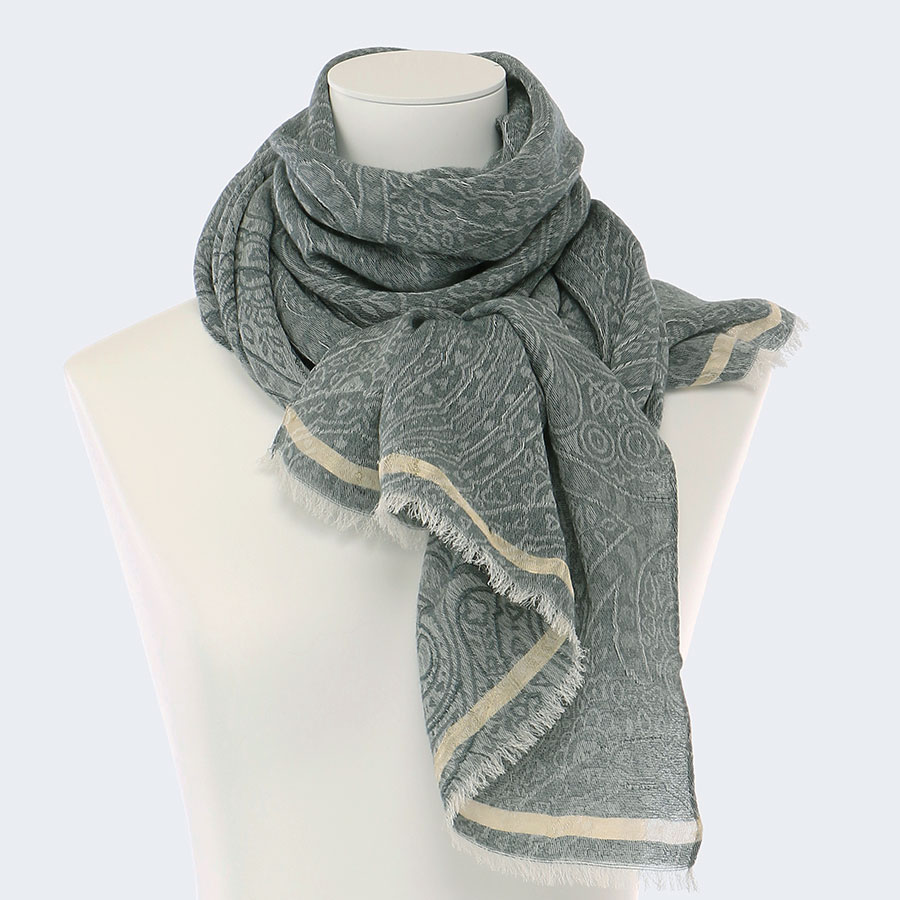 ウールシルクジャガードペイズリーストール　グリーン（米沢織）