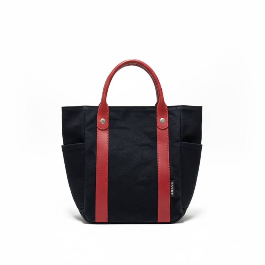 ＜日乃本帆布＞帆布小トート（革）BK/RD（N）