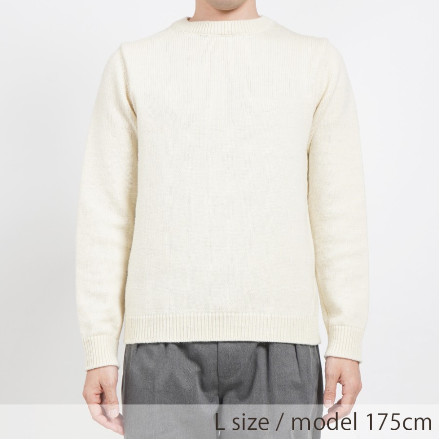 <satosenistandard>佐藤繊維ウール100%ミドルゲージ プレーンセーター/ホワイト