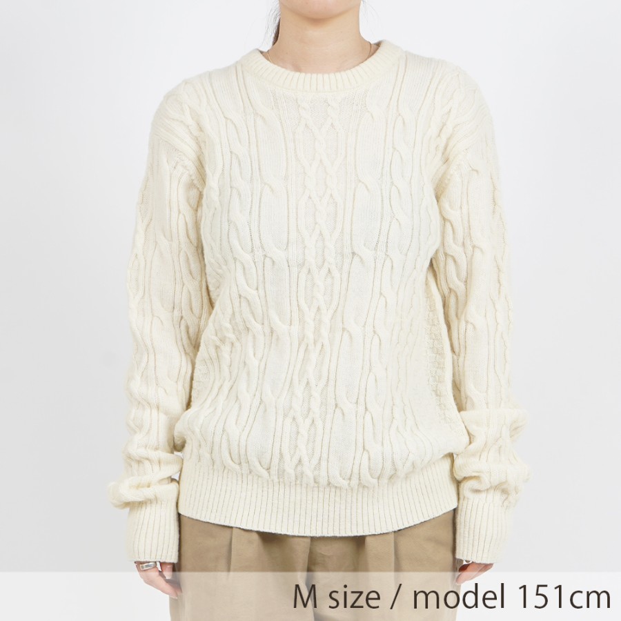 <satosenistandard>佐藤繊維ウール100%ミドルゲージ ケーブルセーター/ホワイト