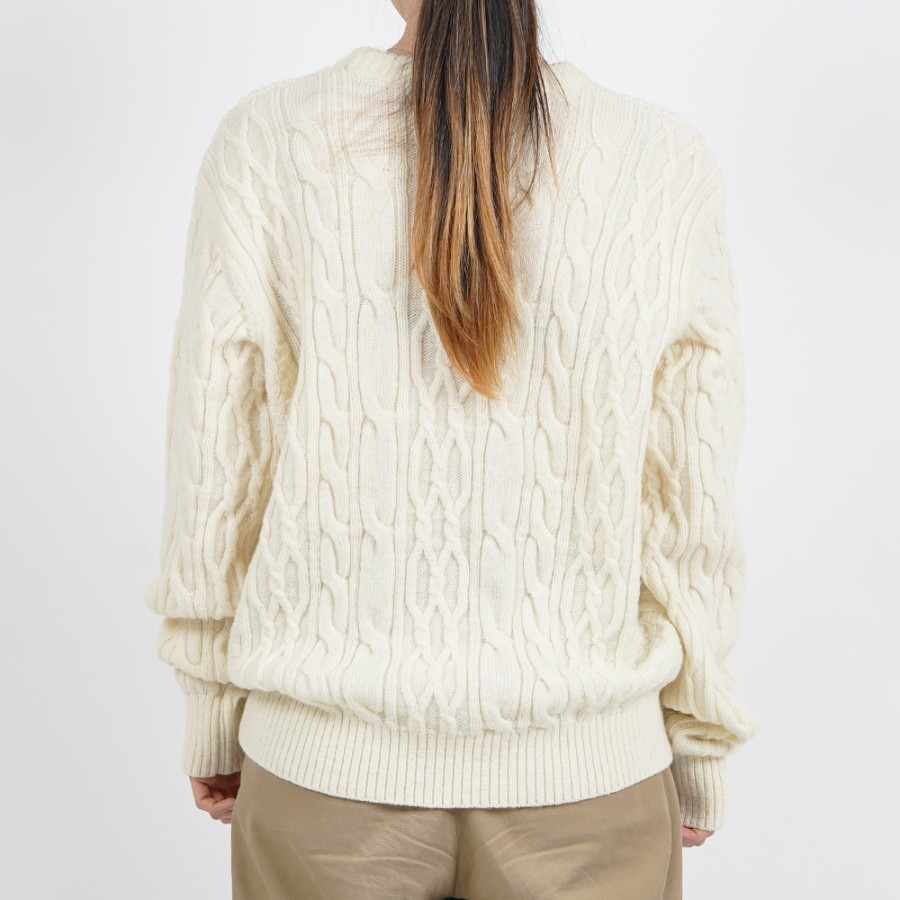 <satosenistandard>佐藤繊維ウール100%ミドルゲージ ケーブルセーター/ホワイト