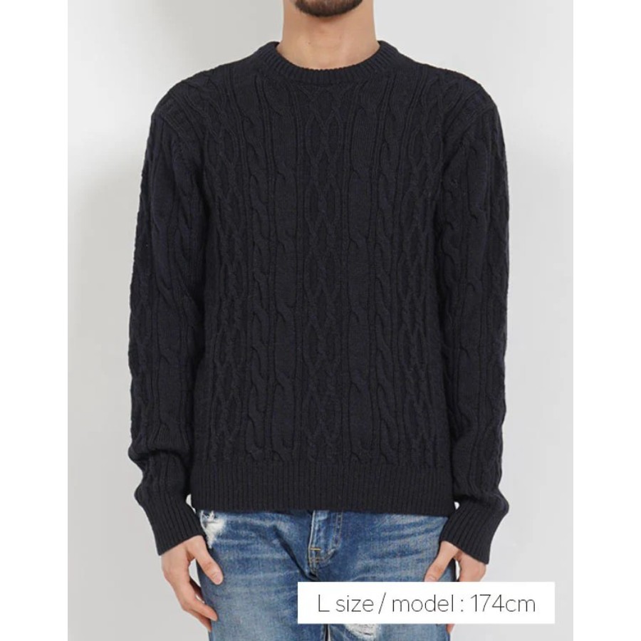 ＜satosenistandard＞佐藤繊維ウール100％ミドルゲージ ケーブルセーター／ダークブルー