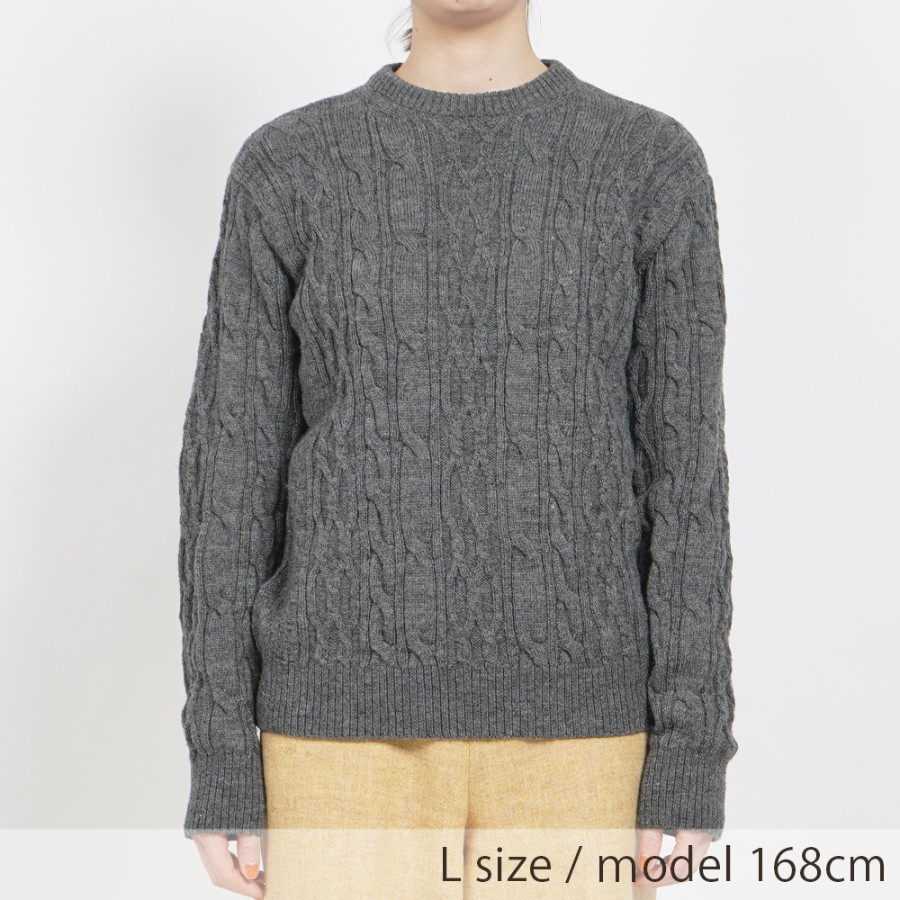 <satosenistandard>佐藤繊維ウール100%ミドルゲージ ケーブルセーター/グレー