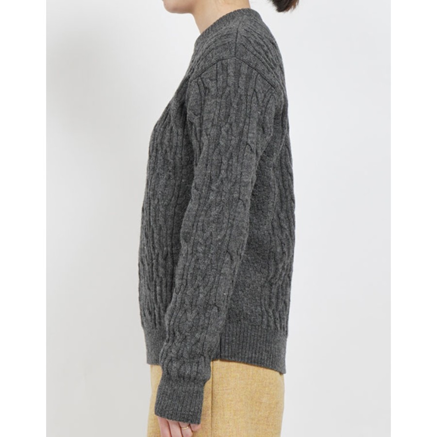 <satosenistandard>佐藤繊維ウール100%ミドルゲージ ケーブルセーター/グレー