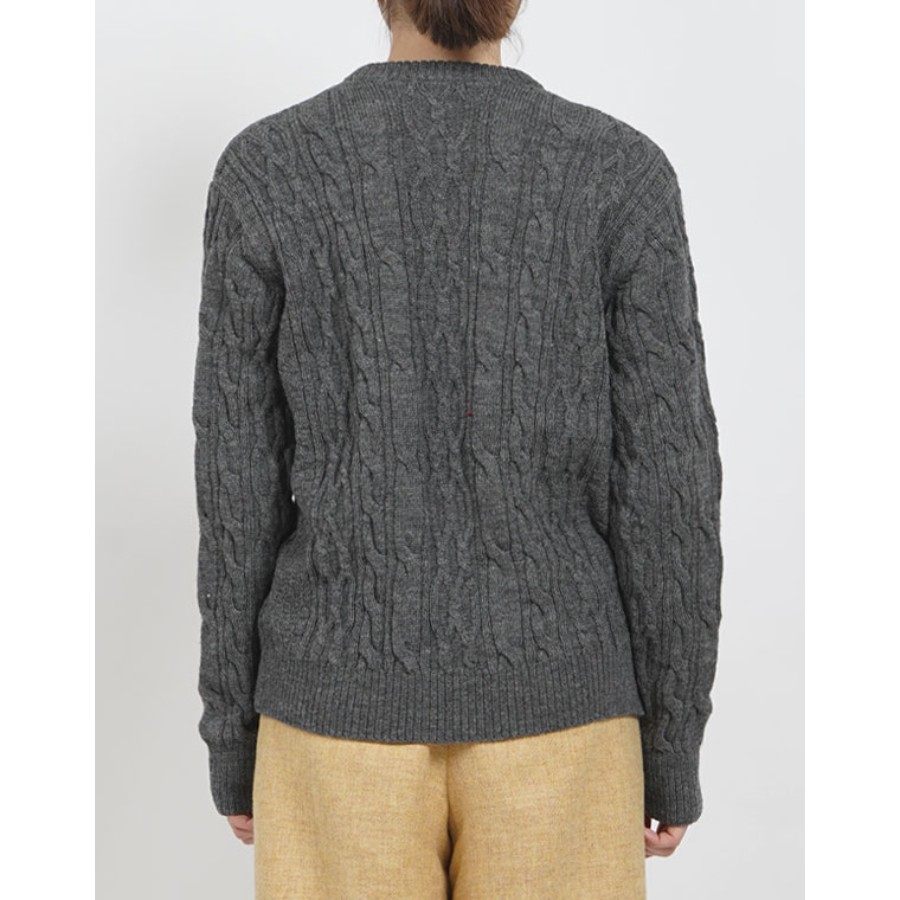 <satosenistandard>佐藤繊維ウール100%ミドルゲージ ケーブルセーター/グレー