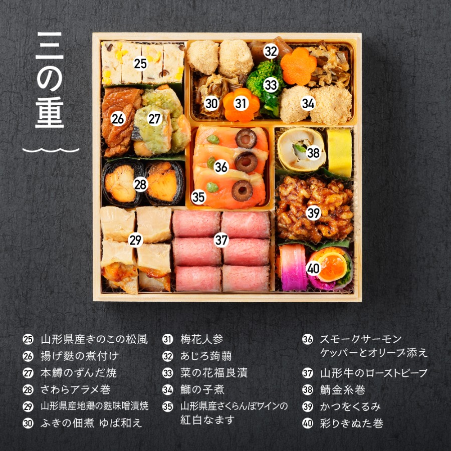 <赤坂あじさい>和風おせち特選三段重『虹』(山形牛ローストビーフ・ずわい蟹入り/冷蔵)3~4人前【12月31日お届け】