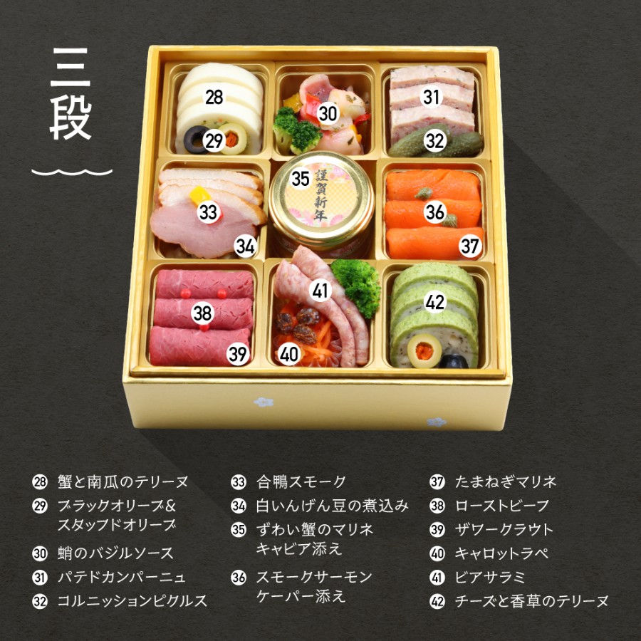 <レストランヒロミチ>フレンチ&和風のおせち<ネージュ>三段重42品目(冷凍便)4人前【12月29日お届け】