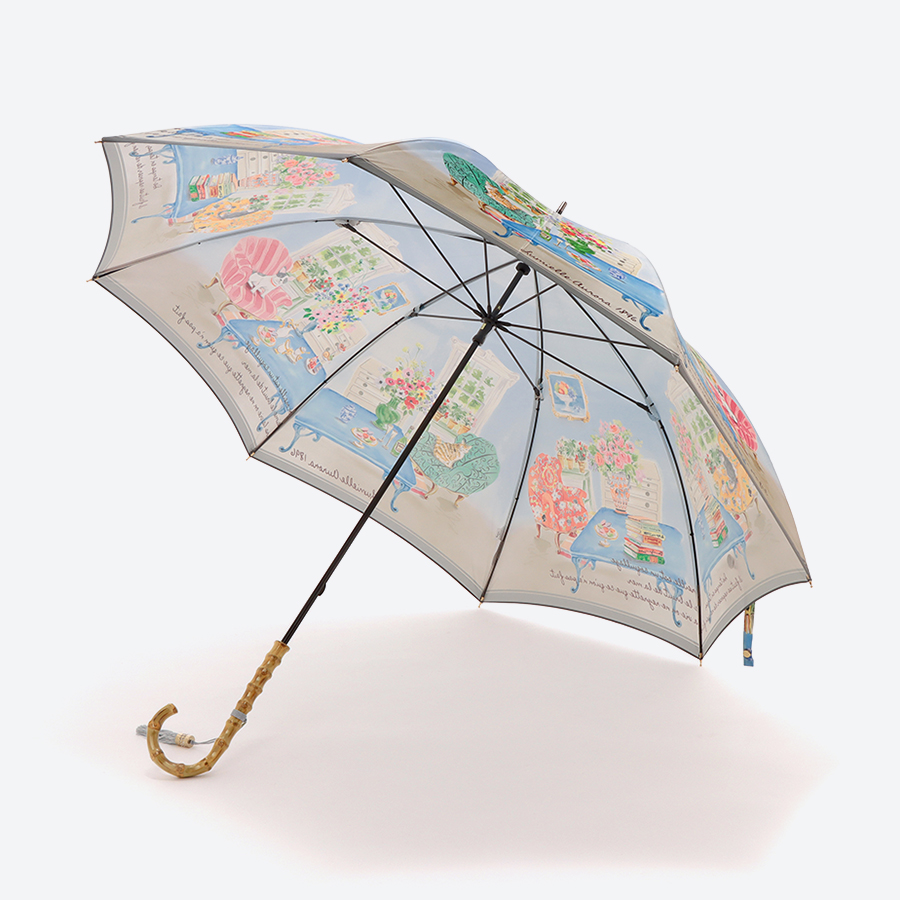 ＜ルミエール　オーロラ＞婦人雨傘 街並プリント×サックス（長傘）