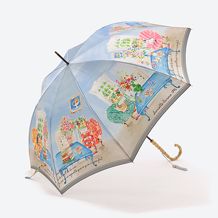 ＜ルミエール　オーロラ＞婦人雨傘 街並プリント×サックス（長傘）
