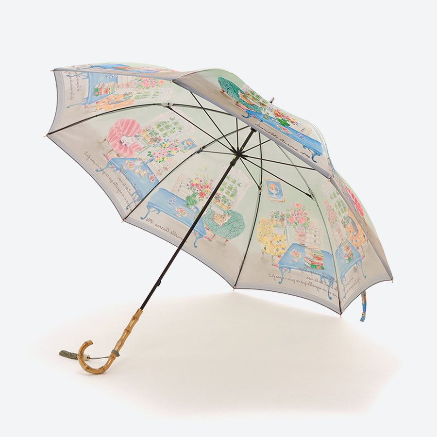 ＜ルミエール　オーロラ＞婦人雨傘 街並プリント×ライトグリーン（長傘）