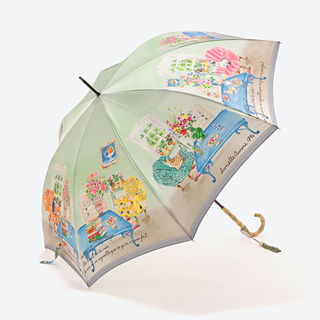 ＜ルミエール　オーロラ＞婦人雨傘 街並プリント×ライトグリーン（長傘）