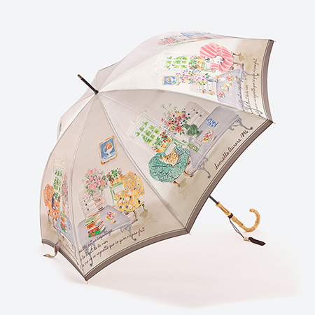 ＜ルミエール　オーロラ＞婦人雨傘 街並プリント×ベージュ（長傘）