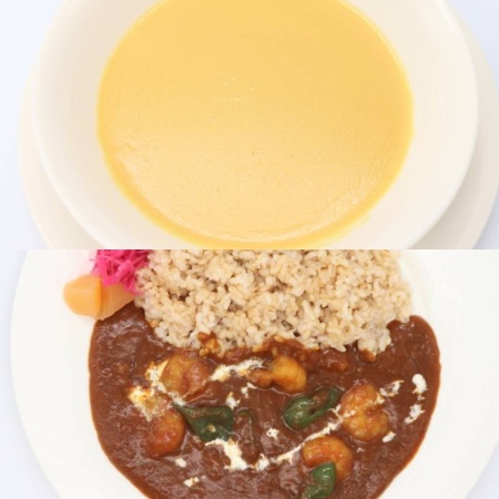 ＜洋食レストランChez NoA＞スィートコーンとコシヒカリのスープ＆ふるさと野菜と海老のヘルシーカレーセット