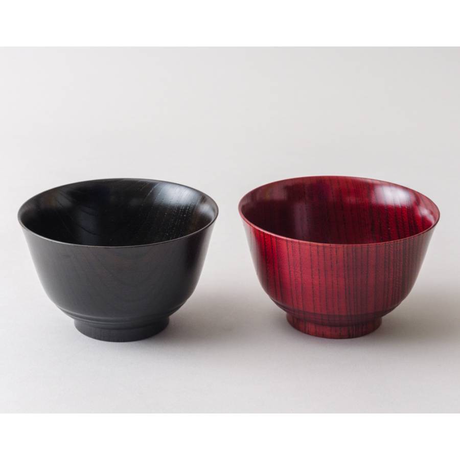 ＜漆芸 文平堂＞夫婦汁椀　欅　平筋　赤/黒すり