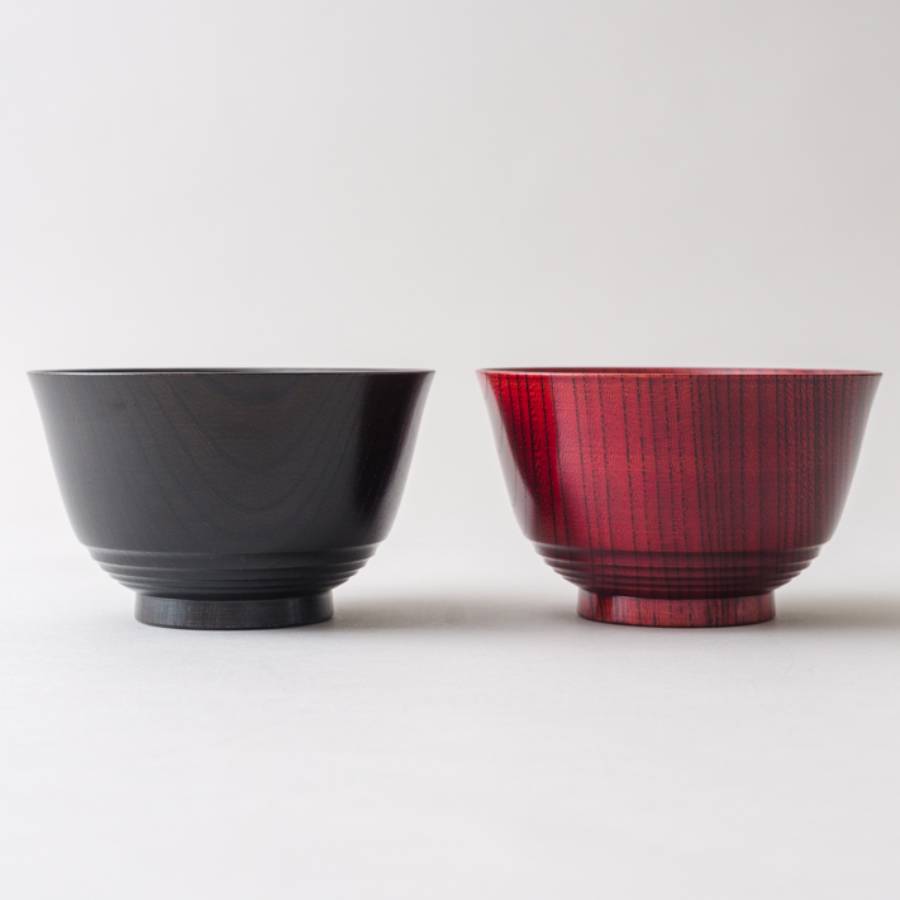 ＜漆芸 文平堂＞夫婦汁椀　欅　平筋　赤/黒すり