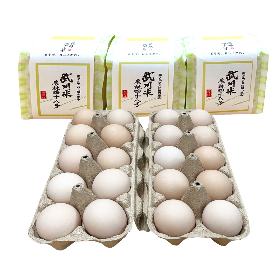 ＜ハイチック＞昔ながらの卵かけご飯Aセット（ももたま×20個、武川米農林48号450g×3袋）