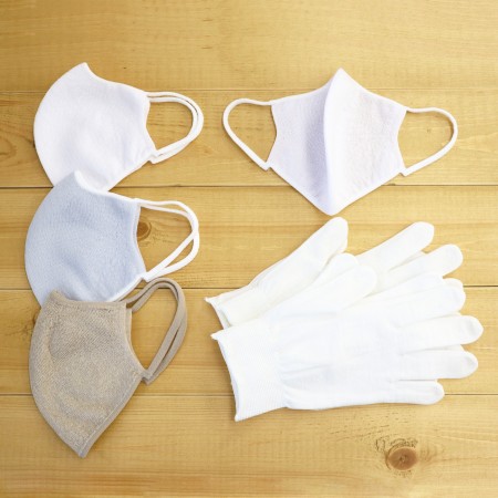 コロナウイルス対策ニット手袋（2双）・スポーツ・作業用マスク（白×2枚・カラー×2枚）セット