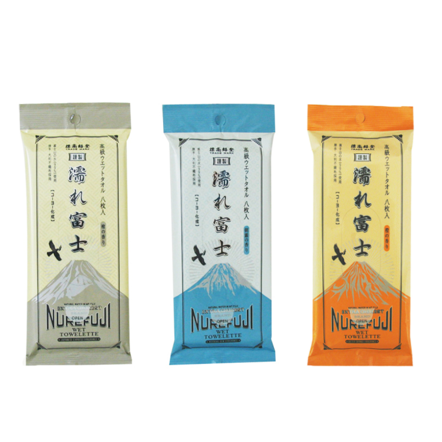濡れ富士（ウェットタオル）5種類（桧・茶・朝露・桜・橙）セット　＊巾着袋入り