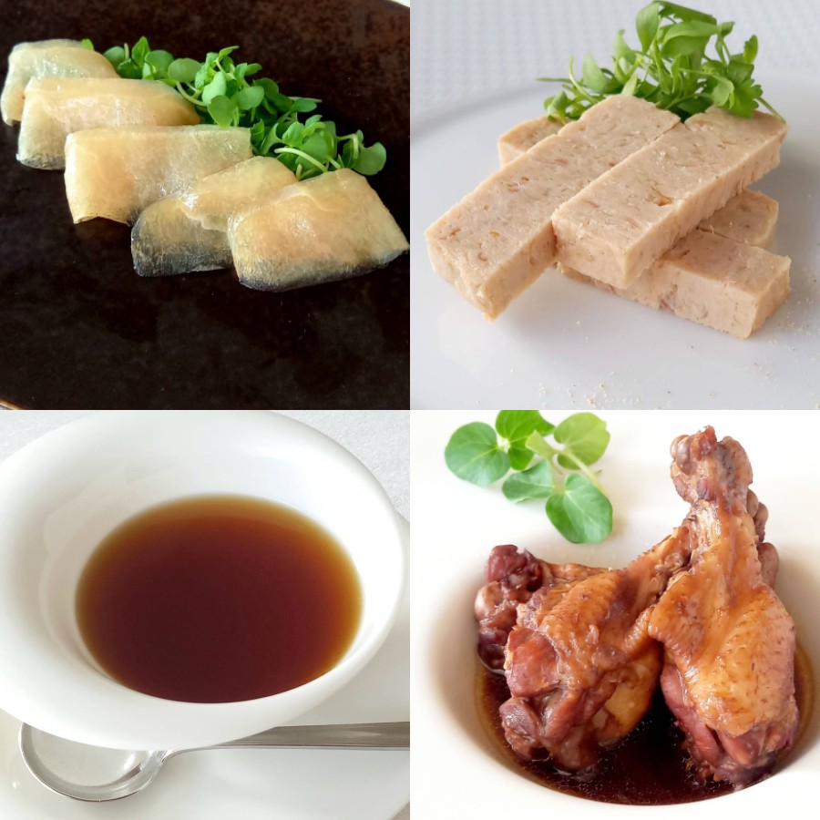 ＜Chez Chouchou＞”純系名古屋コーチン”4種セット（生ハム・パテ・コンソメスープ・手羽元赤ワイン煮）1人前