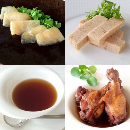 ＜Chez Chouchou＞”純系名古屋コーチン”4種セット（生ハム・パテ・コンソメスープ・手羽元赤ワイン煮）1人前