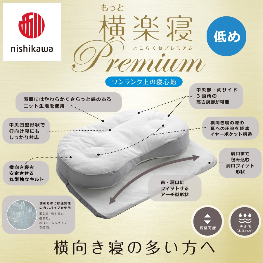 ＜nishikawa/西川＞医師がすすめる健康枕もっと横楽寝プレミアム&ピローケースセット／低め