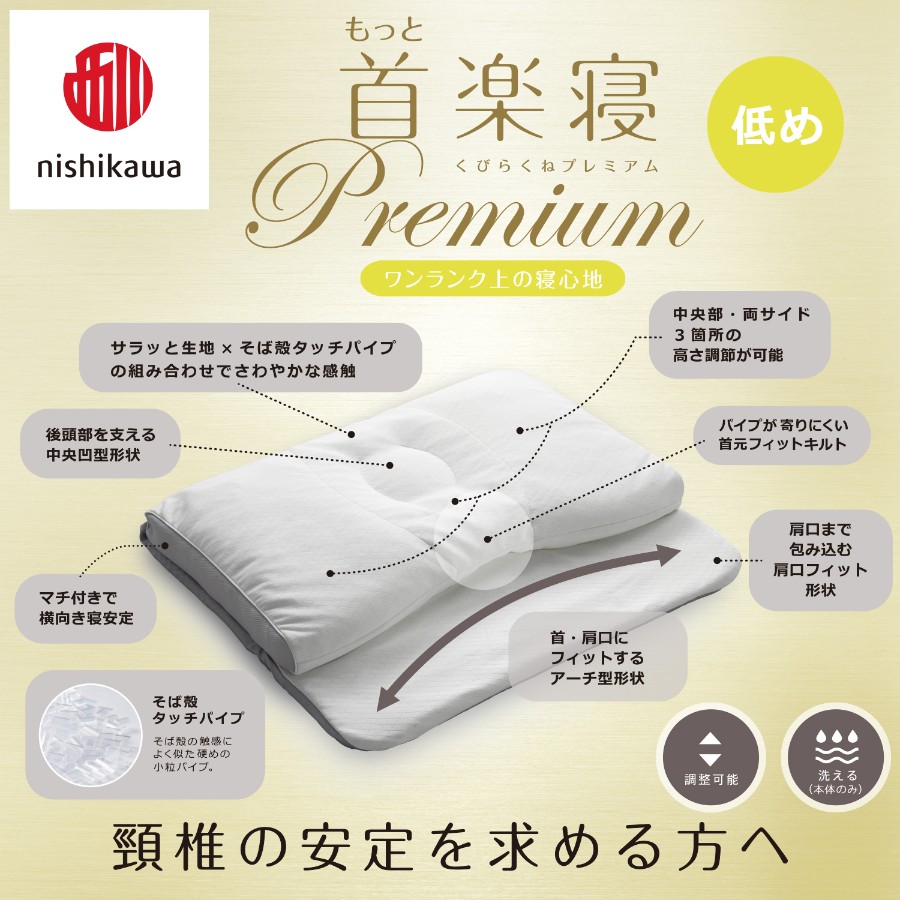 ＜nishikawa/西川＞医師がすすめる健康枕もっと首楽寝プレミアム&ピローケースセット／低め