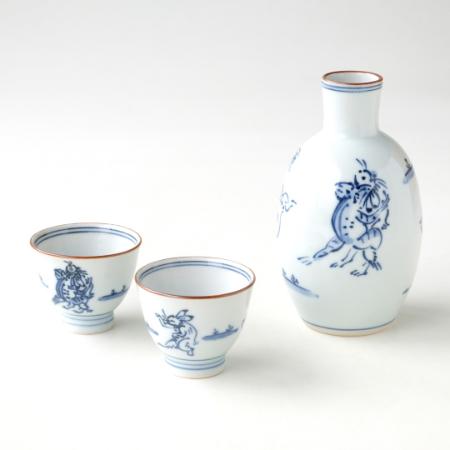 ＜たち吉＞鳥獣戯画　酒器揃　染付