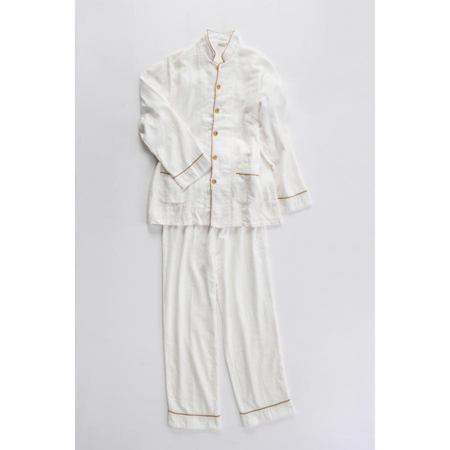 ＜京和晒綿紗＞ガーゼパジャマ　白　マスタード　2重合わせ　