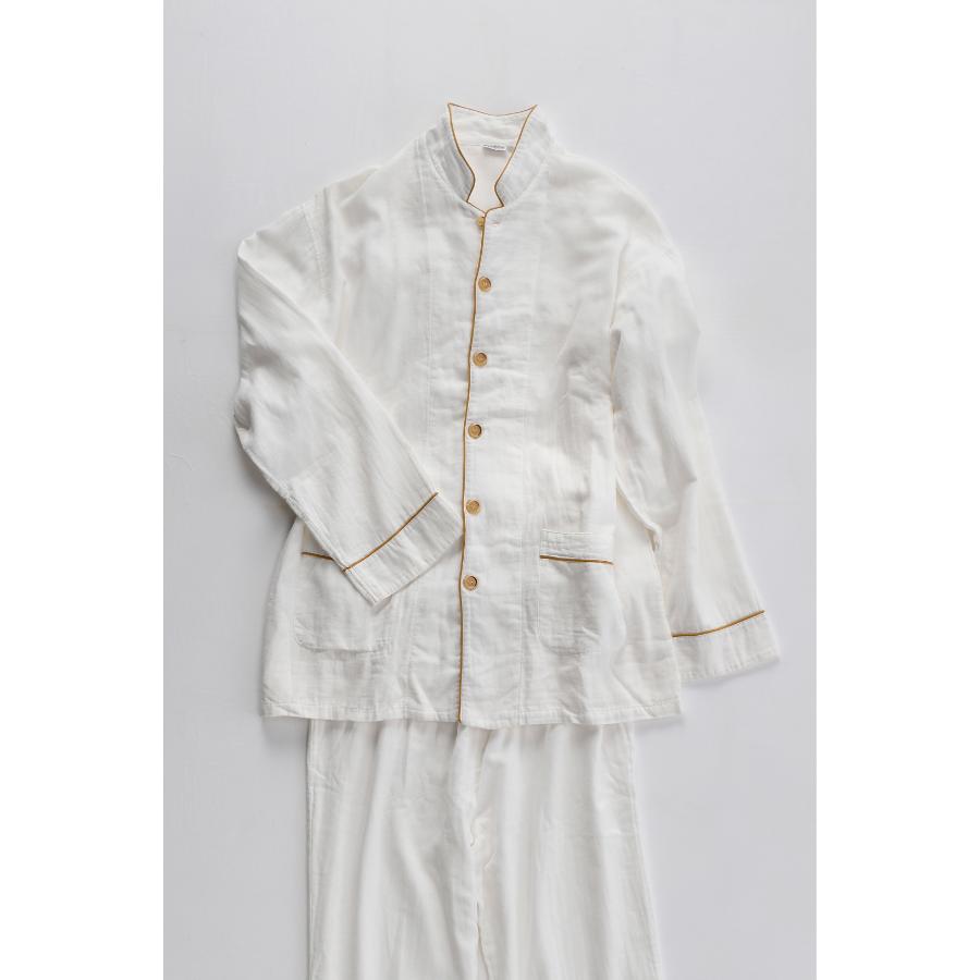 ＜京和晒綿紗＞ガーゼパジャマ　白　マスタード　2重合わせ　