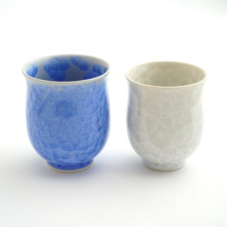 ＜陶あん＞花結晶　組湯呑（青・白）