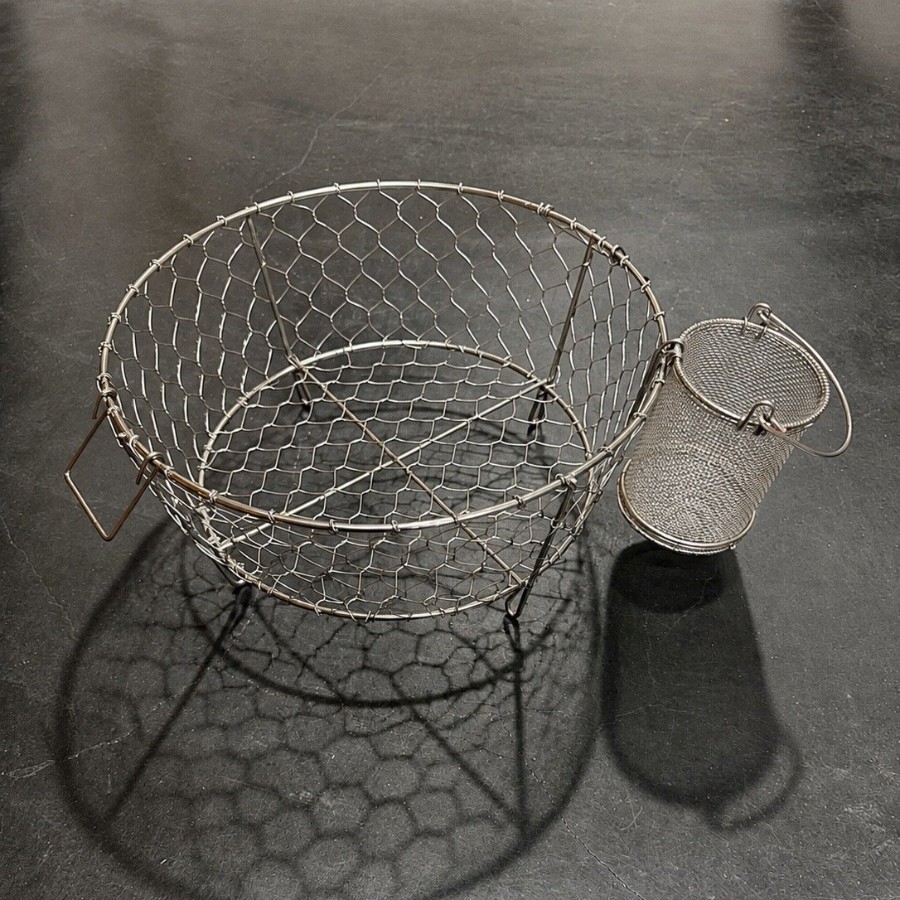 ＜鳥井金網工芸＞手編み水切りかご３０cm・オリジナルかご（小）フック付セット