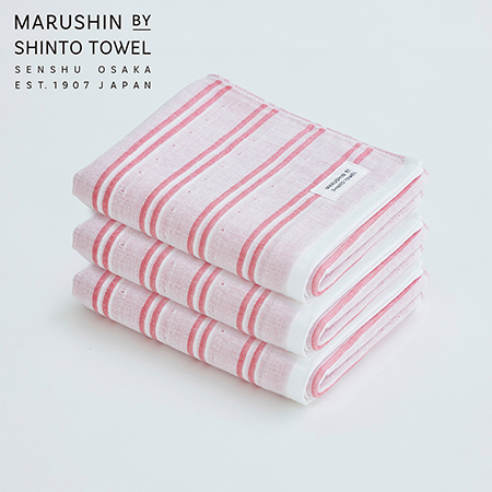 ＜MARUSHIN by SHINTO TOWEL＞シマ ダブル白地 フェイスタオル3枚セット（レッド） MST0082