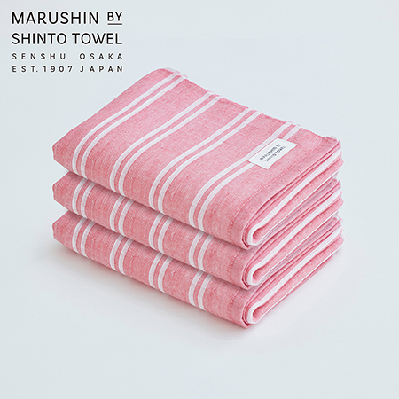 ＜MARUSHIN by SHINTO TOWEL＞シマ ダブル色地 フェイスタオル3枚セット（レッド） MST0086