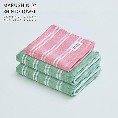 ＜MARUSHIN by SHINTO TOWEL＞シマダブル色地フェイスタオル/フォレスト2枚・ハンドタオル/レッド1枚 MST0112