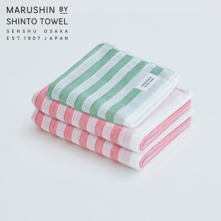 ＜MARUSHIN by SHINTO TOWEL＞シマシングル フェイスタオル/レッド2枚・ハンドタオル/フォレスト1枚 MST0118