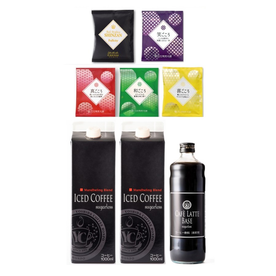 ＜吉田珈琲本舗＞ドリップ5種50袋＆リキッドセット3本 クラフト箱セット MYC0014