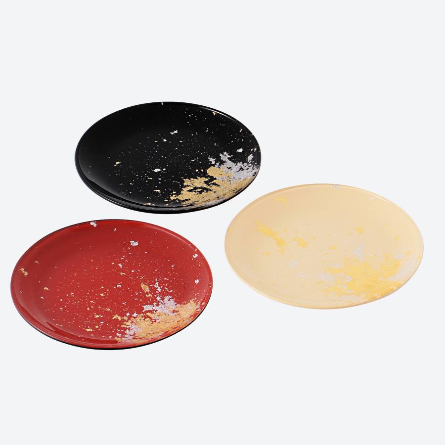 <塗り工房ふじい>フラットプレート小皿 3枚セット・古代塗り金箔本朱/漆黒/漆白